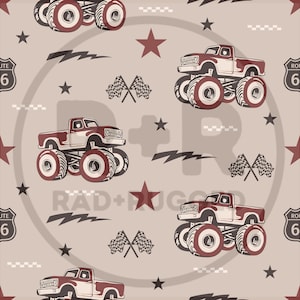 Monstertruck Nahtlose Datei, Junge Rapportmuster, LKW Digitales Papier, neutrale nahtlose Muster für Jungen, Renn-Truck-Stoff-Design