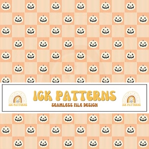 May include: A seamless digital pattern featuring a repeating grid of white jack-o'-lanterns on a background of alternating peach-coloured squares and vertical white stripes. A central white banner displays the text IGK PATTERNS SEAMLESS FILE DESIGN.