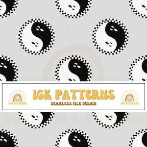 May include: A seamless pattern featuring circular yin and yang symbols with ghost-like faces, each bordered by a black and white chequered ring on a light grey background. A white rectangular overlay displays the text IGK PATTERNS SEAMLESS FILE DESIGN.