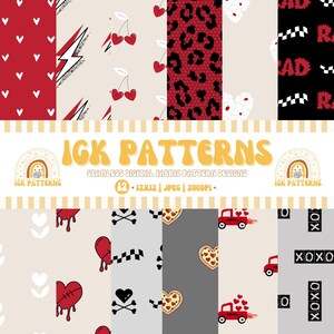 Puede incluir: Colección de diseños de patrones de tela digital sin costuras con corazones, cerezas, rayos y estampado de leopardo. Los diseños son en rojo, negro y blanco. También se incluye el texto "RAD".