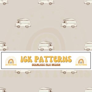 May include: A seamless pattern design featuring repeating illustrations of light-colored camper vans with surfboards on their roofs, set against a solid beige background. The text IGK PATTERNS SEAMLESS FILE DESIGN is centered in a white box.