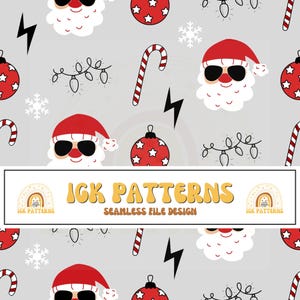 May include: A seamless pattern design on a light gray background featuring illustrations of Santa Claus wearing black sunglasses, red and white candy canes, red Christmas ornaments with white stars, white snowflakes, black lightning bolts, and string lights.