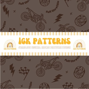 May include: Seamless digital fabric pattern design featuring a repeating pattern of motocross bikes, helmets, lightning bolts, and checkered flags in shades of brown and white. The text "IGK PATTERNS" is displayed in a banner.