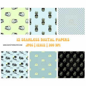 May include: Twelve digital paper designs in a variety of patterns, including pineapple, peace sign, and a vintage van. The papers are all 12x12 inches and 300 DPI.