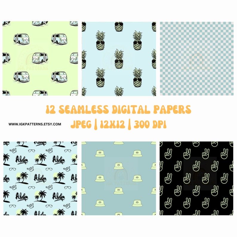 May include: Twelve digital paper designs in a variety of patterns, including pineapple, peace sign, and a vintage van. The papers are all 12x12 inches and 300 DPI.