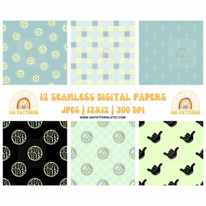May include: Twelve digital paper designs in a retro 70s style. The designs feature a variety of patterns including smiley faces, peace signs, lightning bolts, checkered patterns, and good vibes text. The papers are 12x12 inches and 300 DPI.