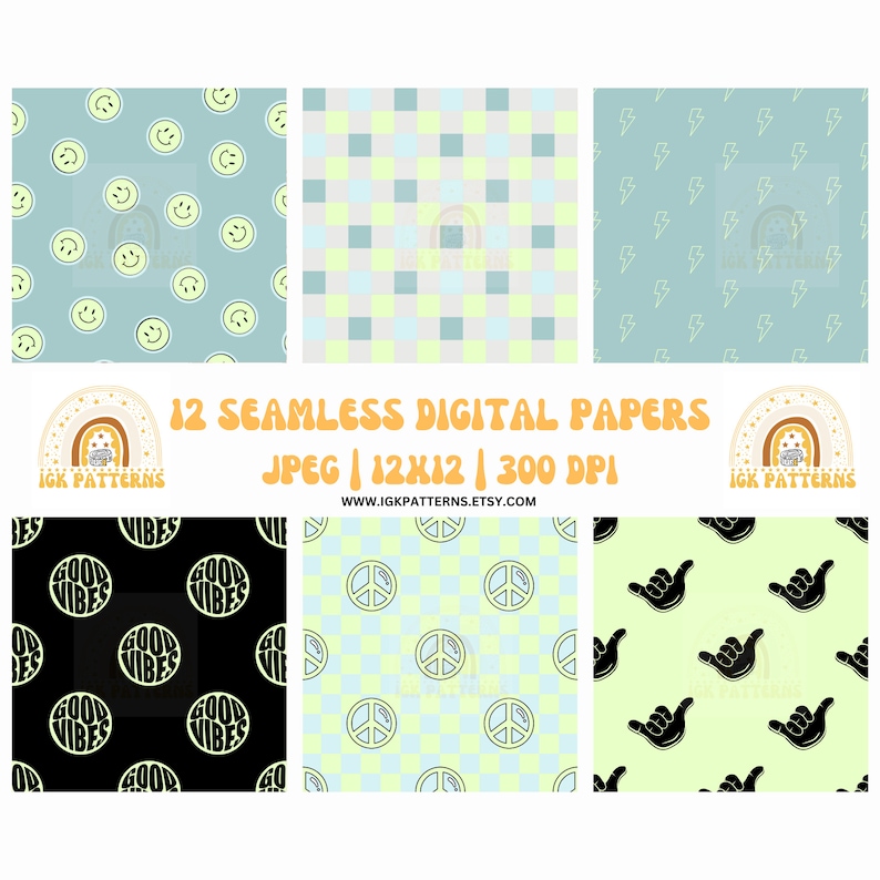 May include: Twelve digital paper designs in a retro 70s style. The designs feature a variety of patterns including smiley faces, peace signs, lightning bolts, checkered patterns, and good vibes text. The papers are 12x12 inches and 300 DPI.