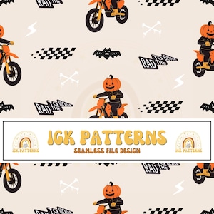 May include: A seamless pattern featuring orange pumpkin-headed figures riding orange and black dirt bikes, black bats, white lightning bolts, crossed bones, checkered flags, and text reading RAD TO THE BONE. The design includes IGK PATTERNS text.