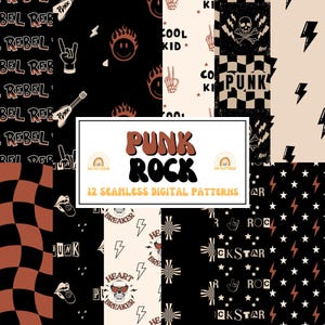 May include: A collection of 12 seamless digital patterns featuring punk rock themes in black, white, and terracotta. Designs include skulls, lightning bolts, checkered prints, guitars, and text such as Rebel, Cool Kid, Punk, and Rockstar.