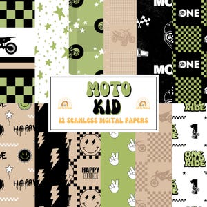 May include: A set of 12 seamless digital papers with a motocross theme. Designs include checkered patterns, stars, lightning bolts, smiley faces, peace signs, and motorcycle illustrations. The text "MOTO KID" and "HAPPY DUDE" are also included.