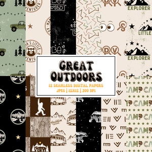 Camp Great Outdoors Mountain, motif d'impression sur tissu sans couture, papier numérique de camping, nature neutre, nature sauvage, décoration de fête pour enfants, ceinture, courge
