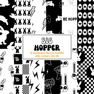 Peut inclure: Un ensemble de 12 papiers numériques présentant des illustrations de lapins noirs et blancs avec différents motifs, notamment des carreaux, des éclairs et des cœurs. Le texte "BIG HOPPER" est présenté dans une police ronde et audacieuse.