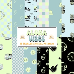 May include: A collection of 12 seamless digital patterns featuring the text ALOHA VIBES. Designs include peace signs, lightning bolts, palm trees, surf vans, smiley faces, bucket hats, pineapples, and hand gestures in shades of green, blue, and black.