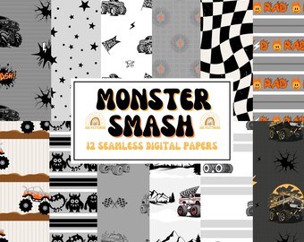 Monster Truck Seamless Fabric Pattern | Boy Truck Party Digital Paper
