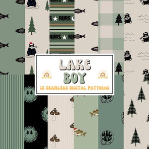 Op de afbeelding: Een verzameling van 12 naadloze digitale patronen met een thema van het meer. De patronen bevatten illustraties van beren, vissen, bomen en de tekst "LAKE BOY". Het kleurenpalet omvat tinten groen, beige en zwart.