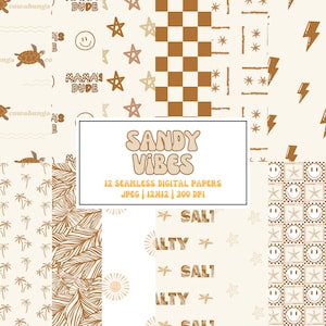Motifs imprimés plage sans couture marron sable, motifs répétitifs estivaux beige neutre, séjour salé, sublimation de tissu de surf