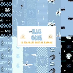Op de afbeelding: Een verzameling van 12 naadloze digitale papieren met een surfthema. De ontwerpen bevatten surfplanken, golven, vredestekens en dambordpatronen in blauw en zwart. De tekst "THE BIG ONE" is prominent aanwezig.
