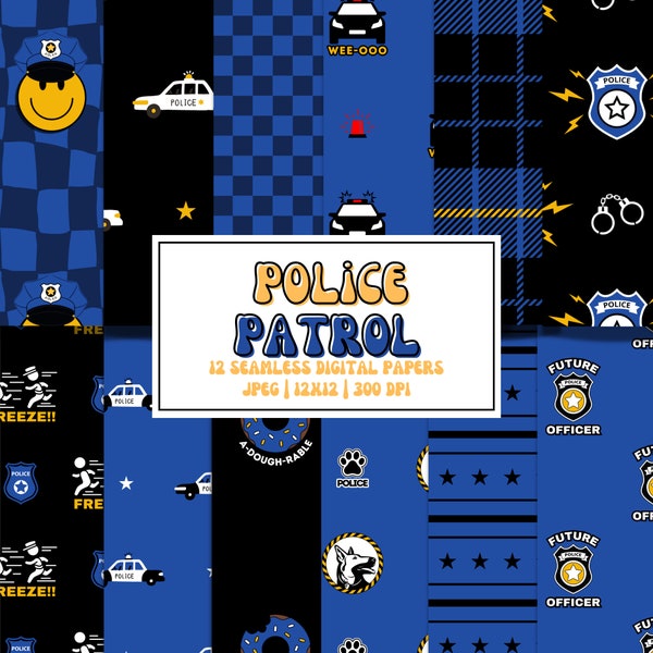 Police Digital Papers... Boy Seamless Fabric Patterns... Background for Kids Policeman Party