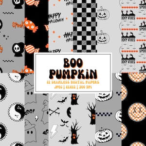 Spooky Halloween-pompoen digitaal papier, herfst naadloze stof sublimatiepatroon, Spooky Little Dude, spookstof printpatronen
