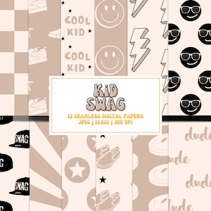 May include: A set of 12 digital papers featuring a variety of kid-friendly designs, including trainers, stars, smiley faces, lightning bolts, and the words "Cool Kid" and "Swag".
