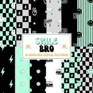 May include: A collection of 12 seamless digital patterns featuring mint green and black color schemes. Designs include wavy checkerboards, lightning bolts, peace signs, palm trees, camper vans, vertical stripes, and smiley faces with the text SMILE BRO.