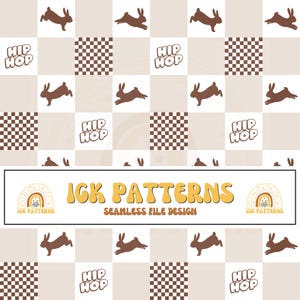 May include: A seamless pattern design featuring a grid of alternating squares. The squares contain brown silhouettes of jumping rabbits, brown and white checkerboard patterns, and the text "HIP HOP" in a brown, rounded, bubbly font style.