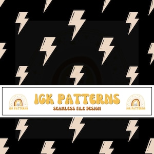 May include: A seamless pattern featuring light beige lightning bolt shapes arranged on a solid black background. A white horizontal banner across the centre displays the text IGK PATTERNS SEAMLESS FILE DESIGN in yellow and brown lettering.
