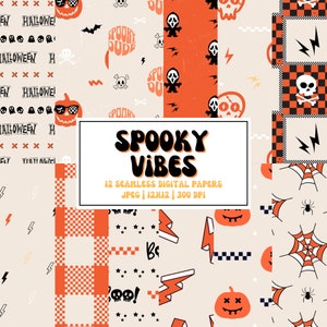 Puede incluir: Una colección de 12 papeles digitales sin costuras con temática de Halloween. Los diseños presentan calabazas, calaveras, murciélagos, rayos y el texto "Spooky Vibes". La paleta de colores incluye naranja, negro y crema.