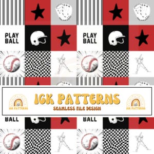 Pode incluir: Um design de padrão sem costura com uma grade de ícones de beisebol, incluindo bolas, capacetes, luvas, tacos, estrelas e quadrados xadrez em vermelho, preto, branco e cinza. O texto IGK PATTERNS SEAMLESS FILE DESIGN está centralizado.