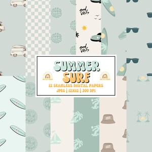 Naadloos surfplankstofpatroon, surf kinderfeestje, alleen good vibes, saliegroen digitaal behang, emmerhoed, naadloze vintage buspatroon