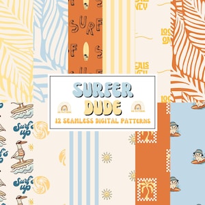 May include: A collection of 12 seamless digital patterns featuring surf-themed graphics, including surfboards, seagulls, palm trees, suns, and seals. The color palette consists of light blue, orange, yellow, and cream with the text SURFER DUDE.