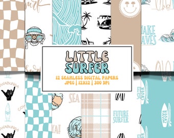 May include: A collection of 12 seamless digital papers with a surfing theme. Designs include surfboards, waves, vans, and checkered patterns in shades of blue, tan, and white. The text "LITTLE SURFER" is displayed prominently.