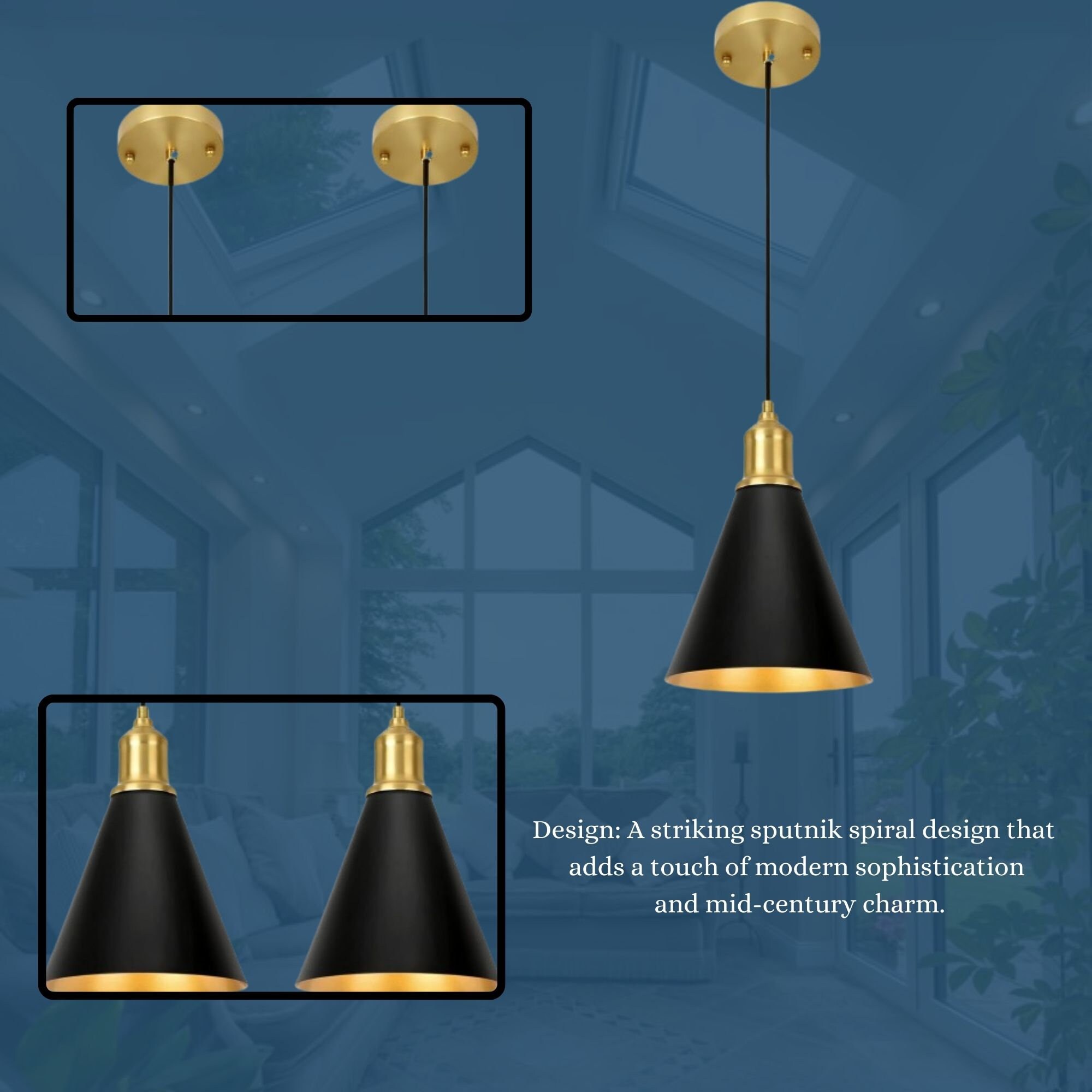Modern Black and Gold Pendant Light Set of 2 Adjustable Industrial ...