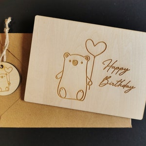 Geburtstagskarte happy birthday Bär Holz graviert Geschenk Geburtstag