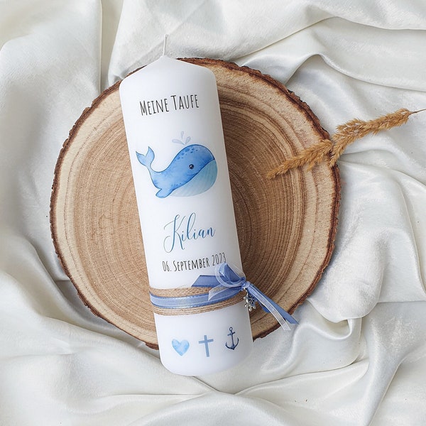 Baptism candle with a sweet whale, with ribbon and pendant