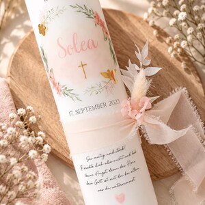Elegant christening candle with flowers, embellished with wax details and silk ribbon