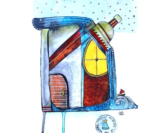 The Waterfall and Astronomy Research Lab, Original Art, Watercolour, Ink