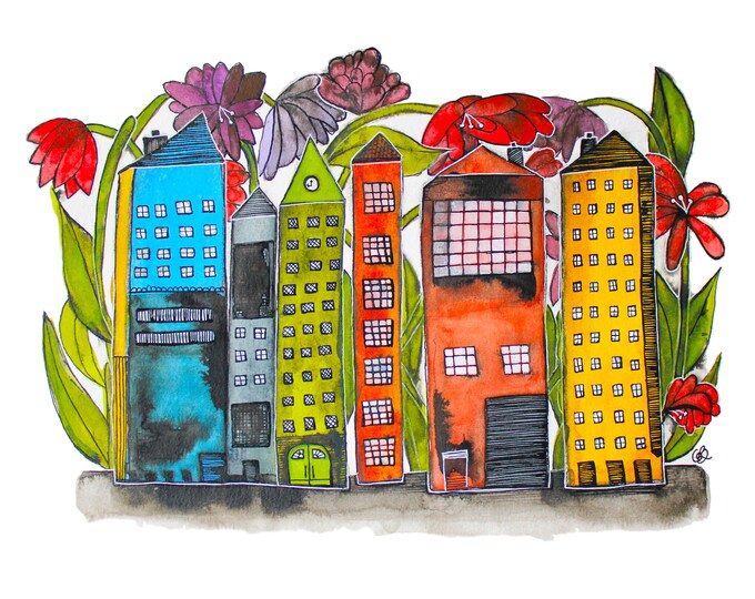 Garden City, Limited Edition Print, India Ink and Watercolour