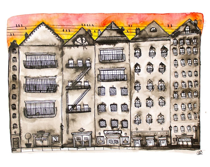 Sunset Over the City, Limited Edition Print, India Ink and Watercolour