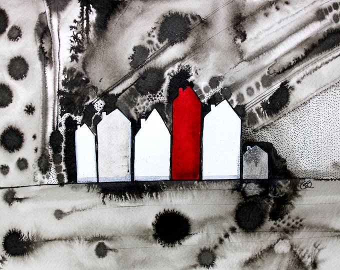 One Red House, Original Art, Watercolour and Ink on card