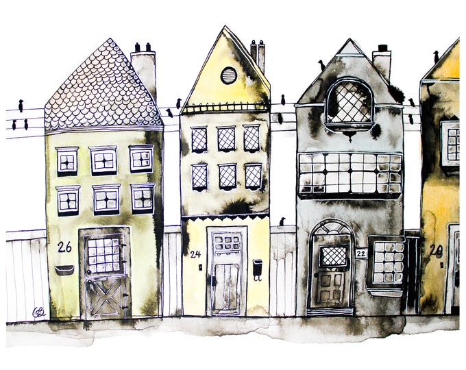 Four Houses in a Row, Limited Edition Print, India Ink and Watercolour