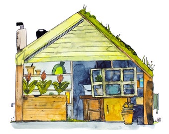 My Garden Shed, Limited Edition Print, India Ink and Watercolour