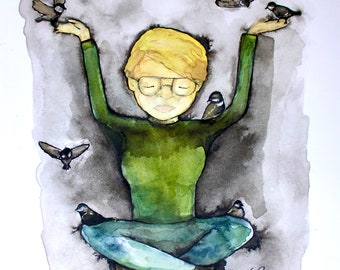 I Am Open, Original Watercolour and Ink Painting, Meditation, Chickadee, Birds, pause, patience, universe, magic