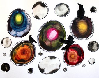 Birds in Orbit, Original Art, Watercolour, Ink, Crows, Birds, Eggs, Moons