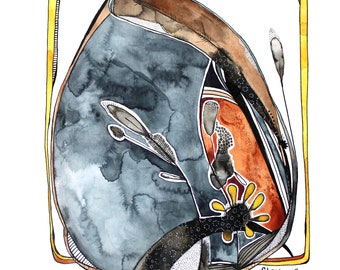 Stay, Original Watercolour and India Ink Drawing, OOAK Art, flowers, nature, moon, reeds of grass
