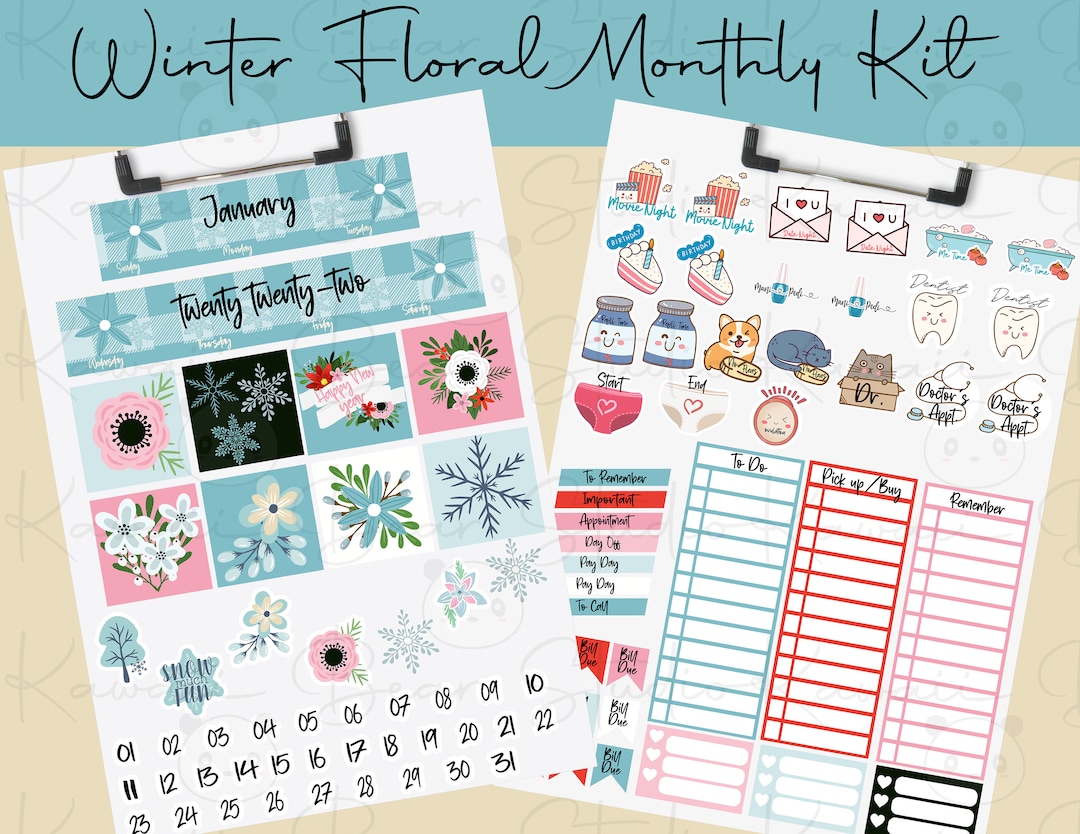 Printable Winter Floral January Monthly Kit for Classic Happy Planner ...