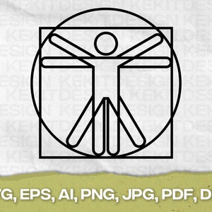 May include: A black and white line drawing of a human figure in a circle and square. The figure is in the Vitruvian Man pose, with arms and legs outstretched.