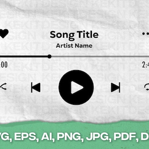 May include: A black and white music player interface with a heart icon, play, pause, and repeat buttons. The text "Song Title" and "Artist Name" are displayed. The progress bar shows 1:00 and 2:49.