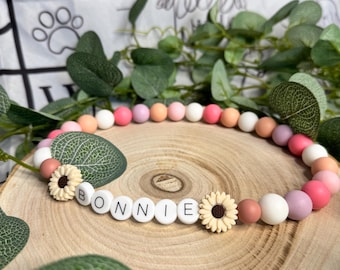 Collar personalizado de silicona con cuentas para perro / Collar con nombre floral rosa