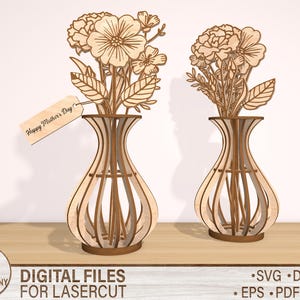 Vaso di fiori in legno Cutfile SVG, Bouquet di fiori selvatici file tagliato al laser, Vaso di legno SVG, Pacchetto di fiori selvatici SVG, Vaso di fiori 3D SVG, Regalo per la mamma